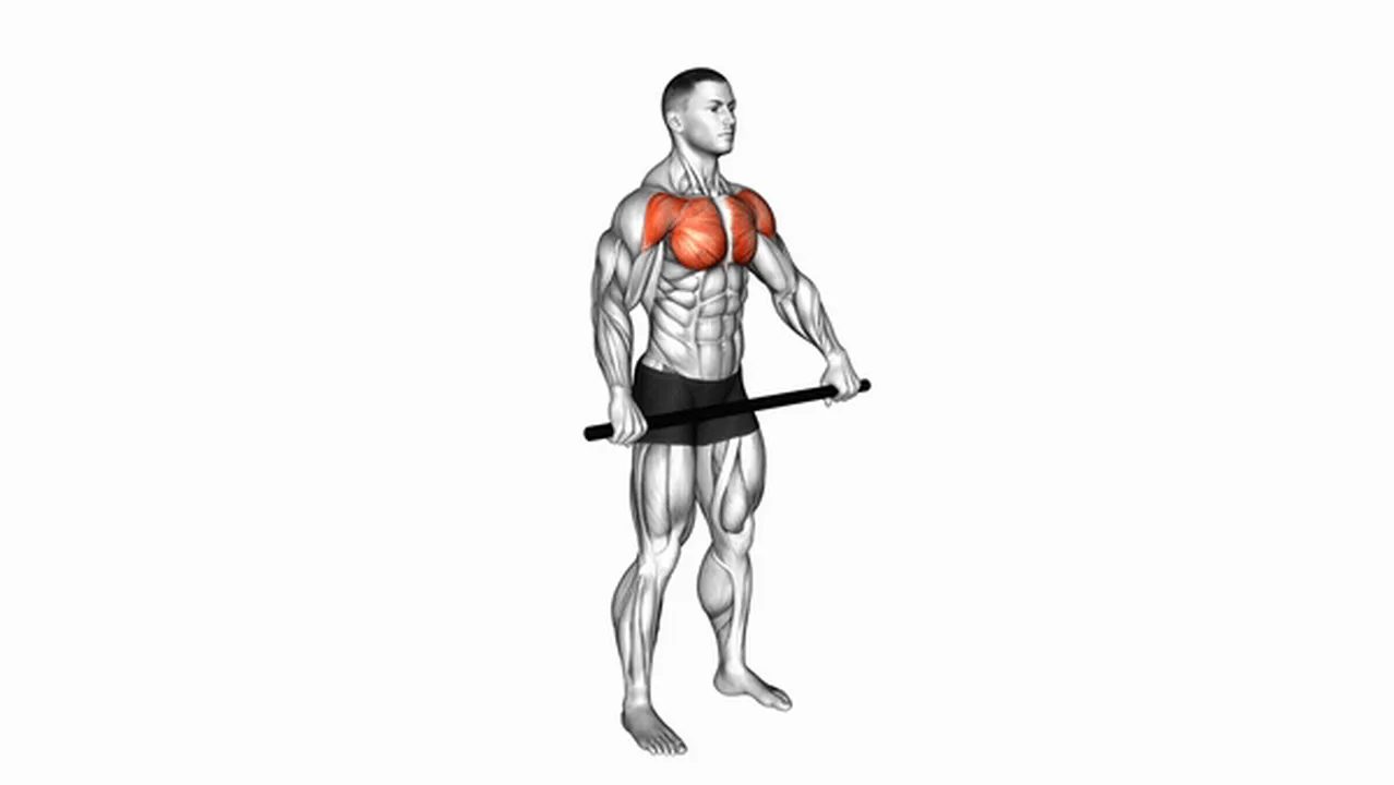 What are the benefits of the chest and front of shoulder stretch? Image