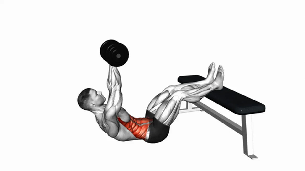 Dumbbell Overhead Sit-Up with Legs on Bench